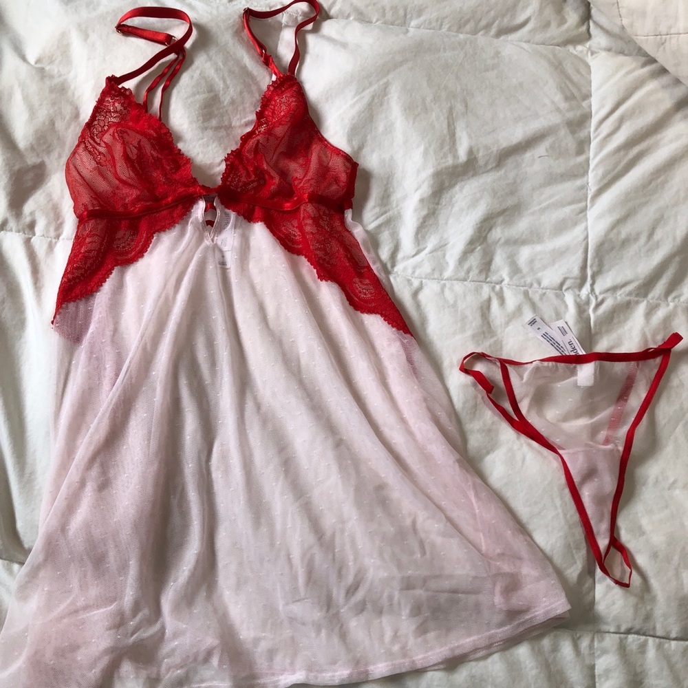 Auden Brand Red & Light Pink Lace Trim Chemise with Matching Thong